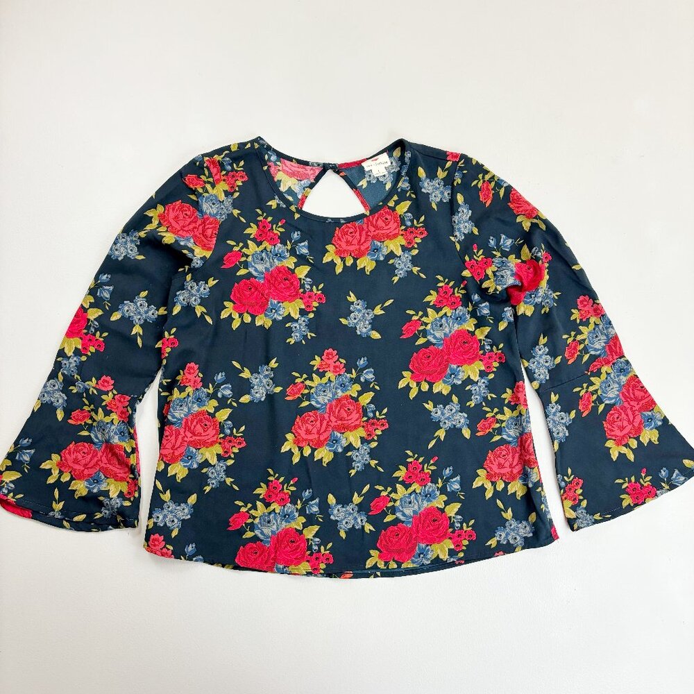 ONE CLOTHING Romantic Rose Floral Blouse Large Popover Keyhole Back